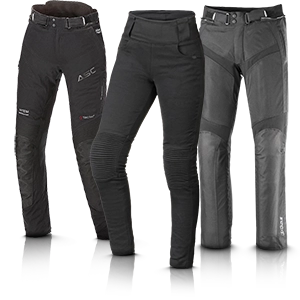 Pantalon de moto textile pour femme, noir et gris, avec protections et taille ajustable.